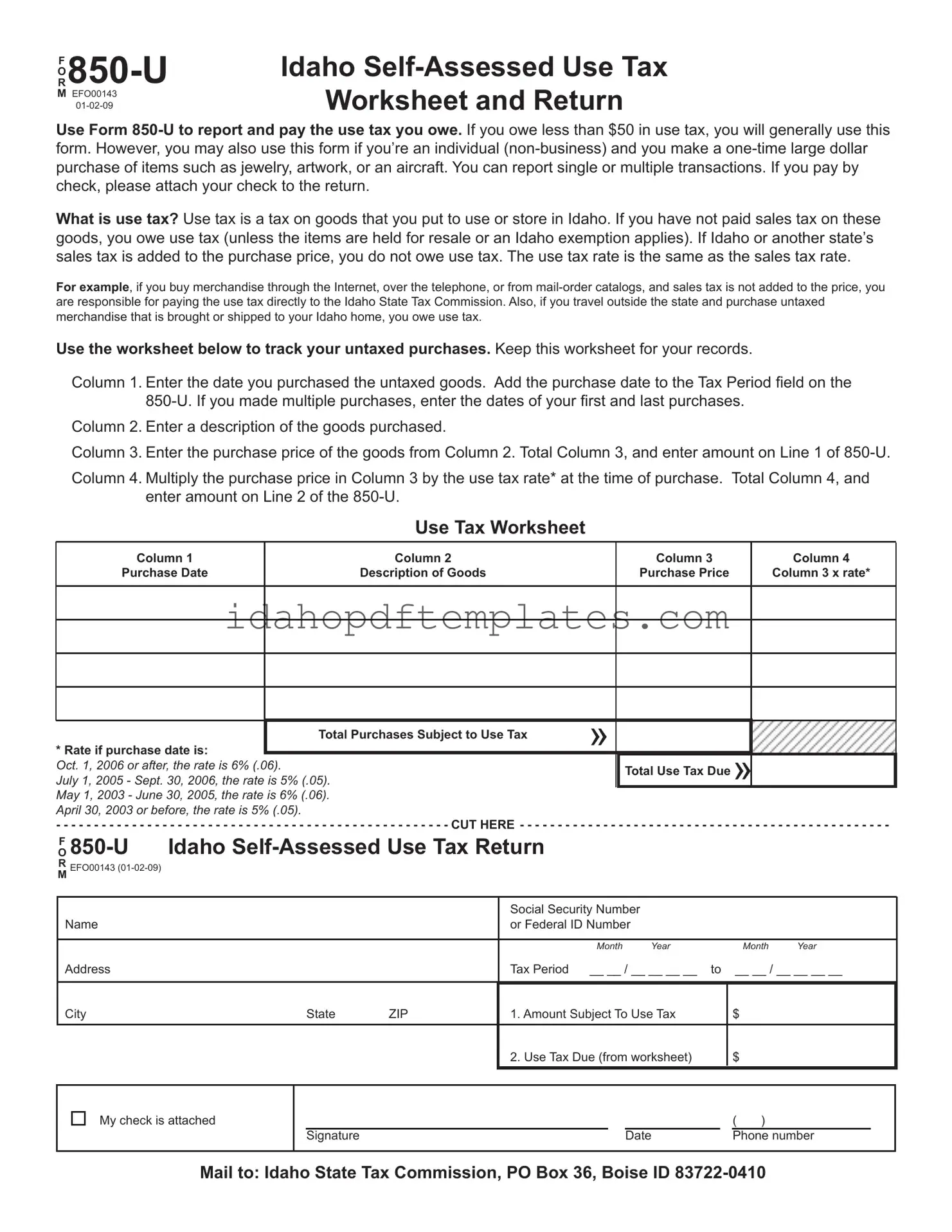 Free Idaho 850 U Form