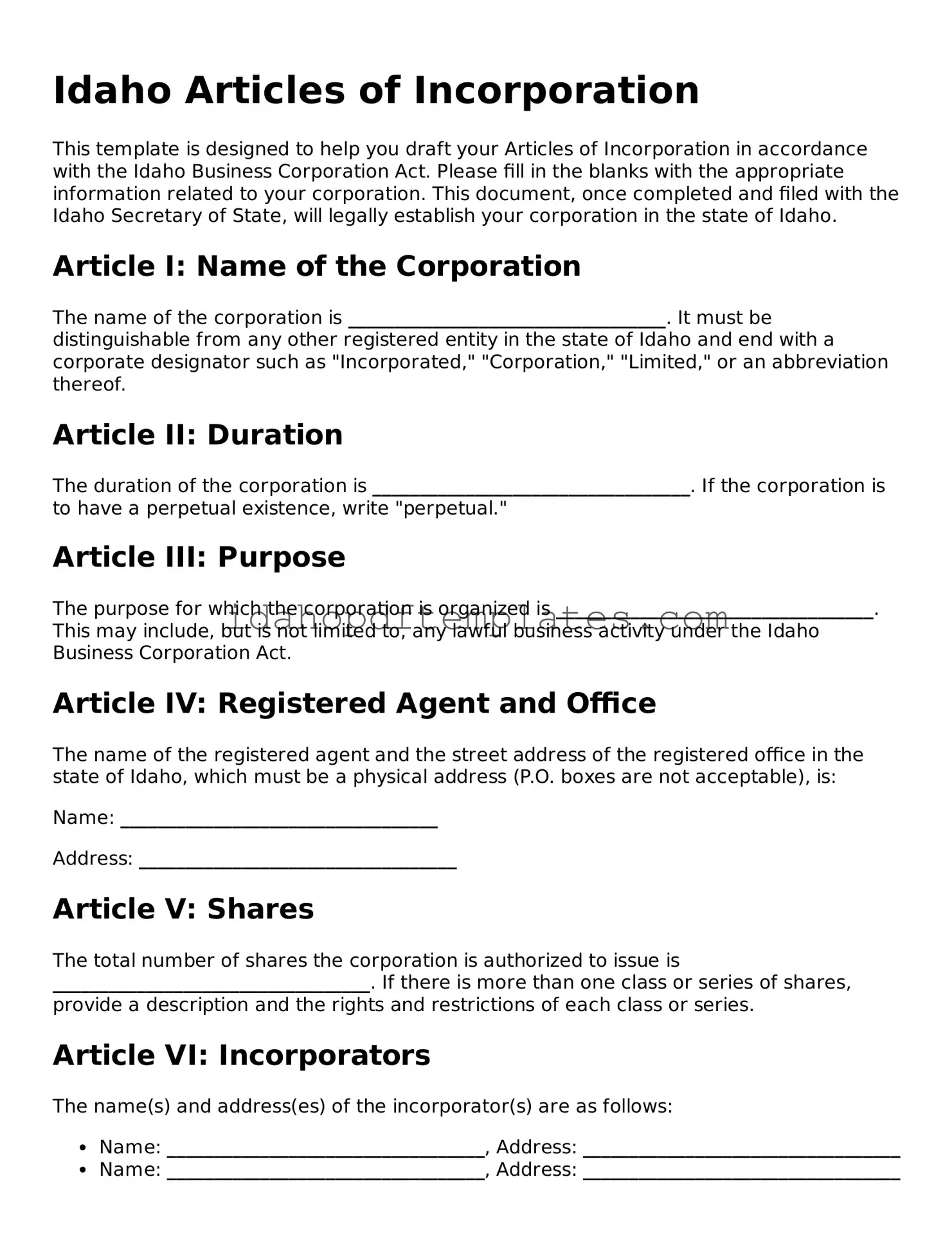 Attorney-Approved  Articles of Incorporation Form for Idaho