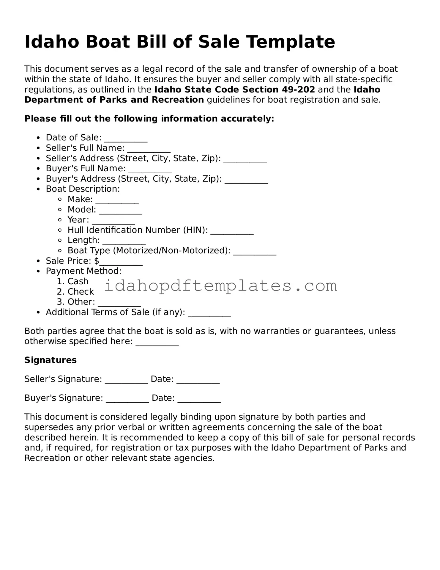 Attorney-Approved  Boat Bill of Sale Form for Idaho