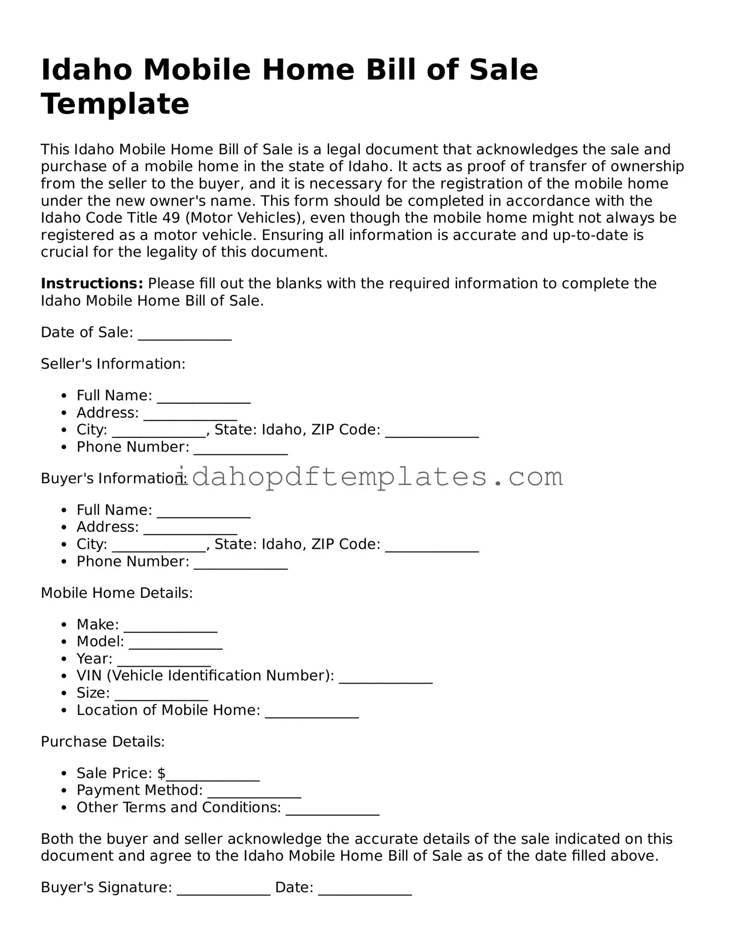 Attorney-Approved  Mobile Home Bill of Sale Form for Idaho