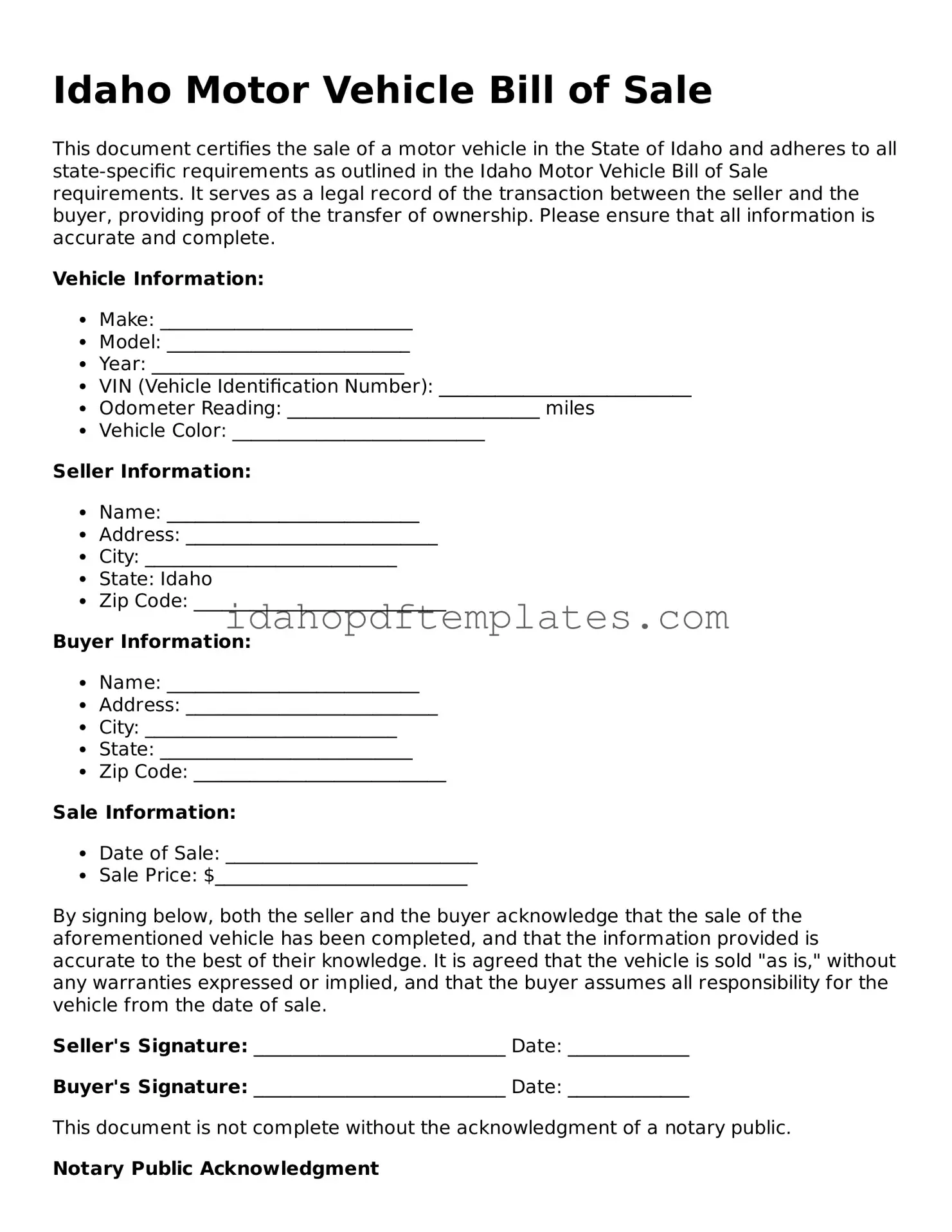 Attorney-Approved  Motor Vehicle Bill of Sale Form for Idaho