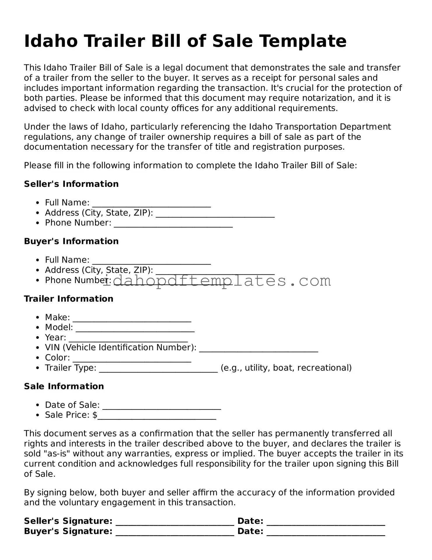 Attorney-Approved  Trailer Bill of Sale Form for Idaho