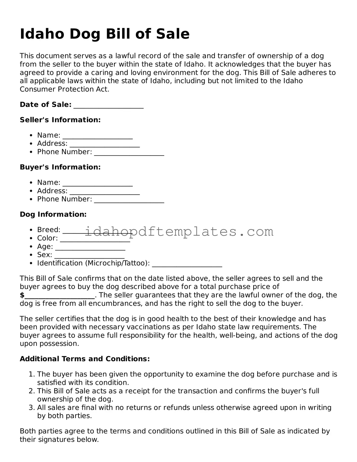 Attorney-Approved  Dog Bill of Sale Form for Idaho