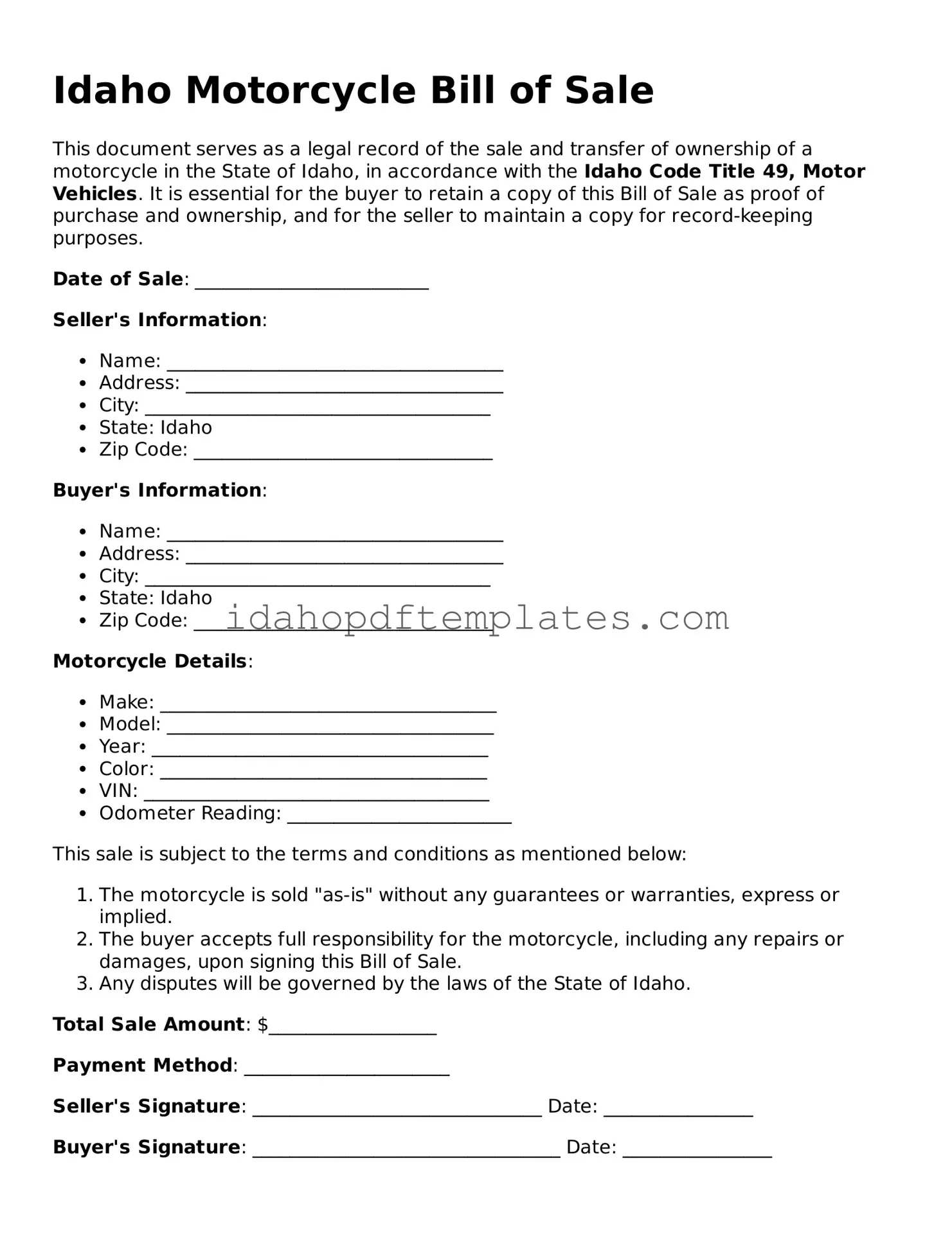 Attorney-Approved  Motorcycle Bill of Sale Form for Idaho