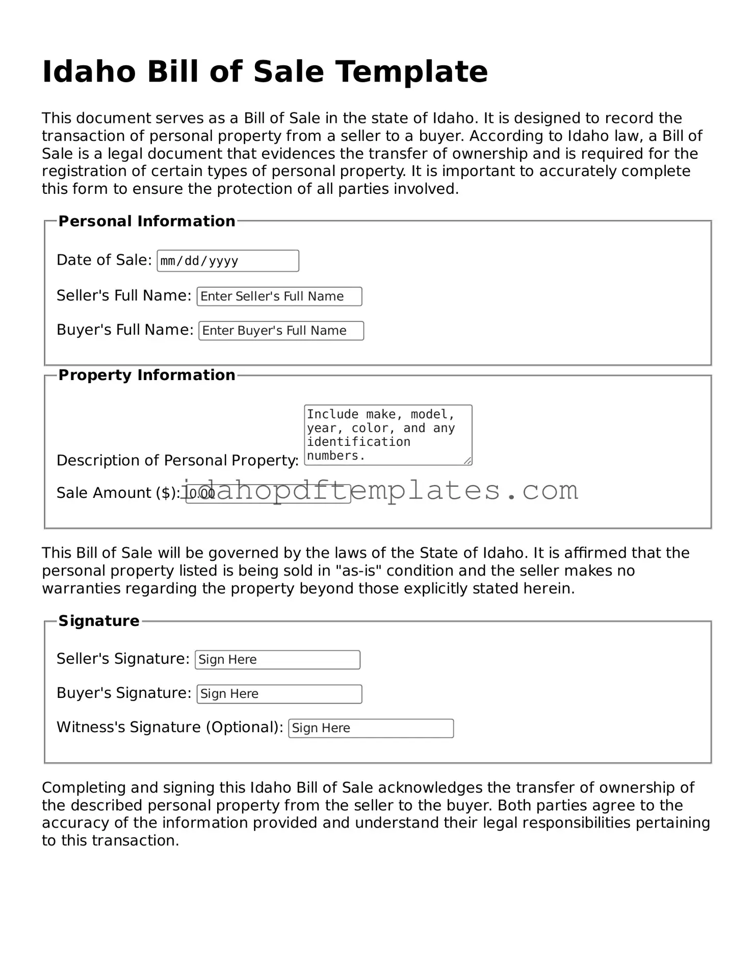 Attorney-Approved  Bill of Sale Form for Idaho