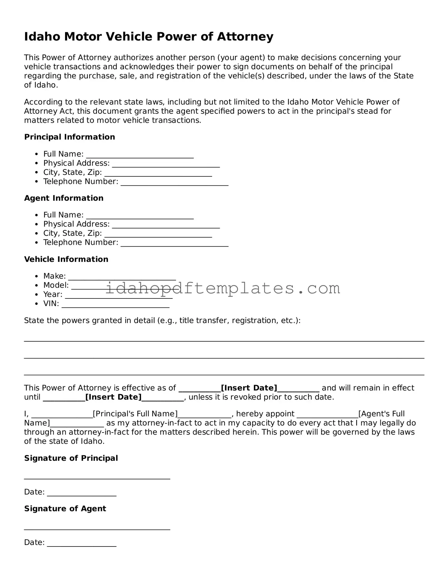 Attorney-Approved  Motor Vehicle Power of Attorney Form for Idaho