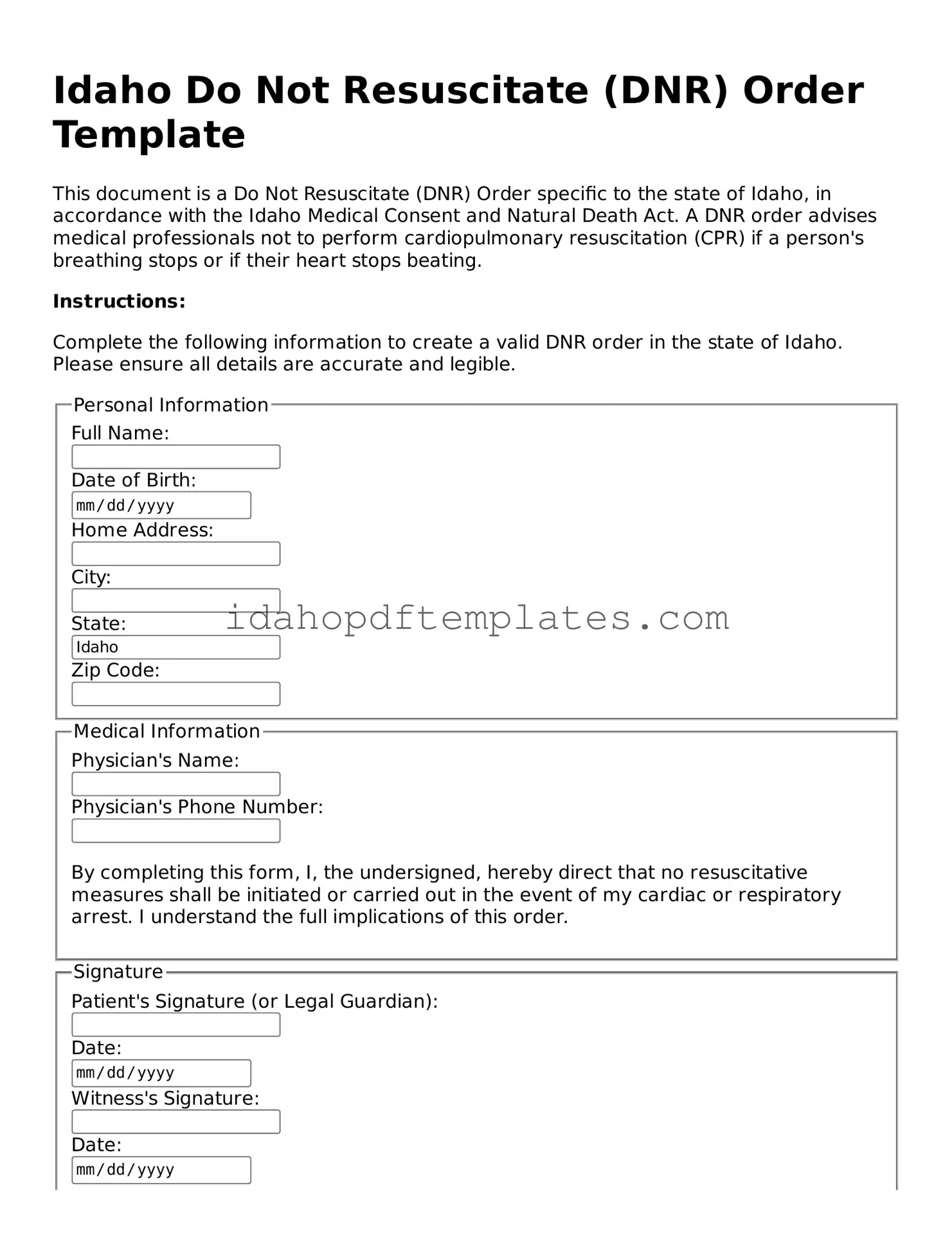 Attorney-Approved  Do Not Resuscitate Order Form for Idaho