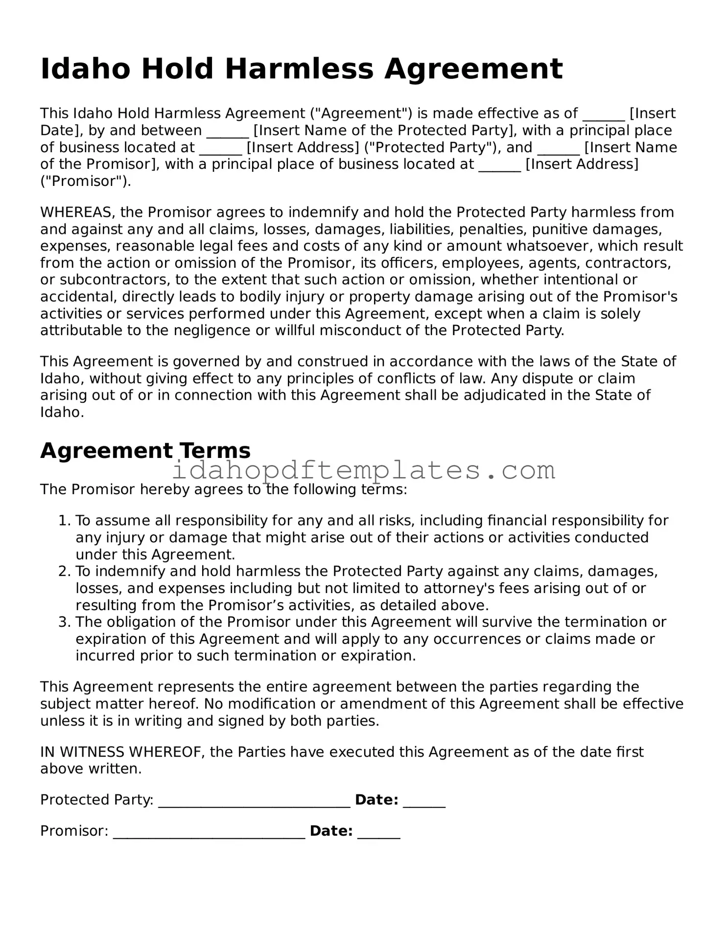 Attorney-Approved  Hold Harmless Agreement Form for Idaho