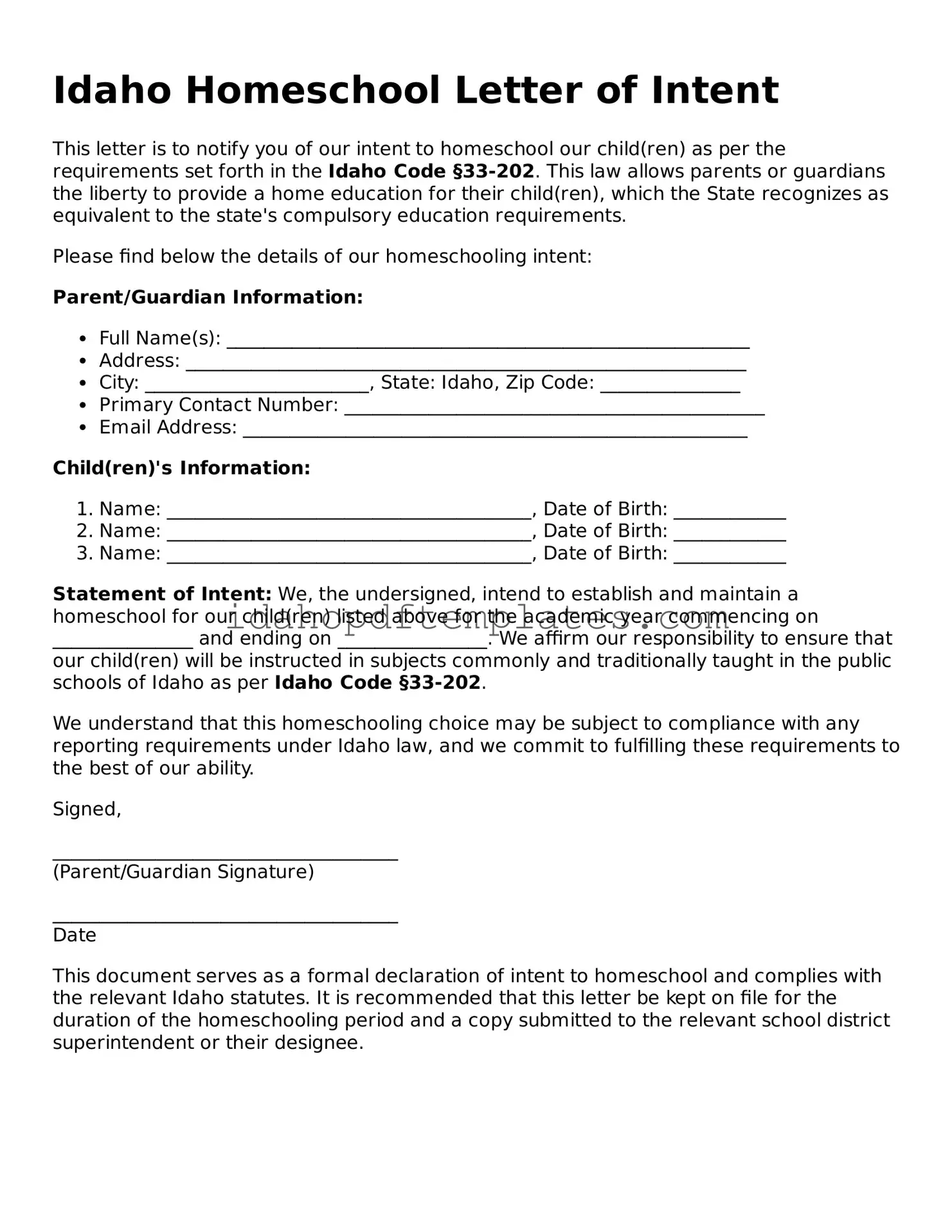 Attorney-Approved  Homeschool Letter of Intent Form for Idaho