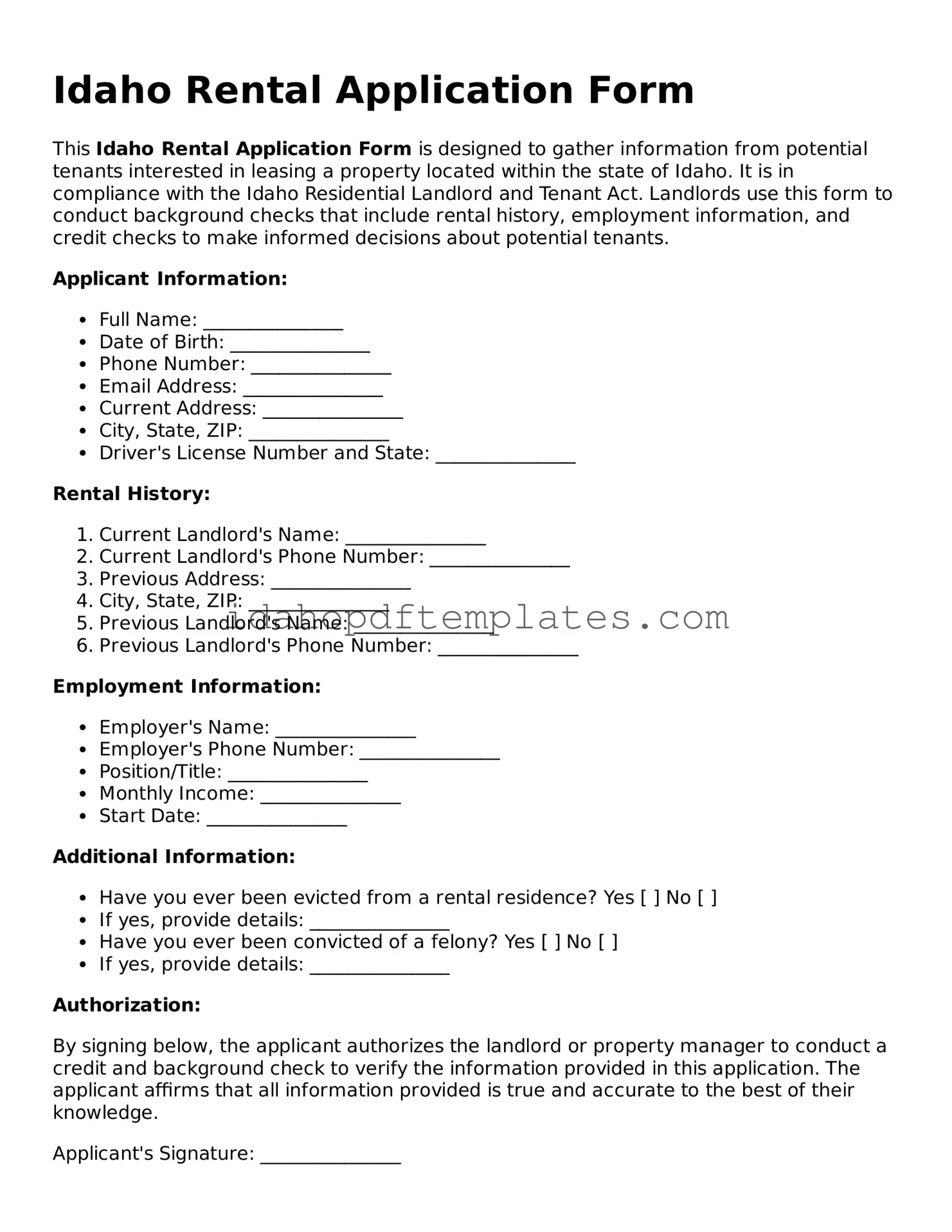 Attorney-Approved  Rental Application Form for Idaho