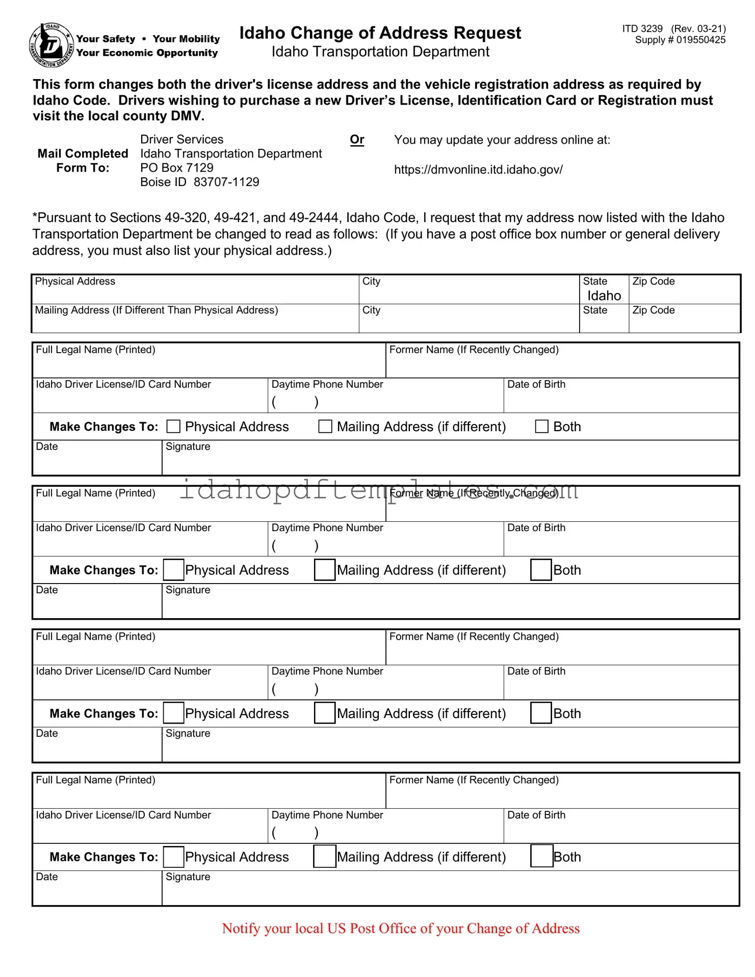 Free Idaho Itd 3239 Form