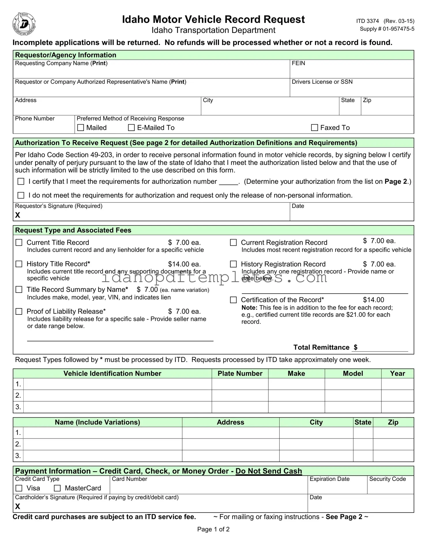 Free Idaho Itd 3374 Form
