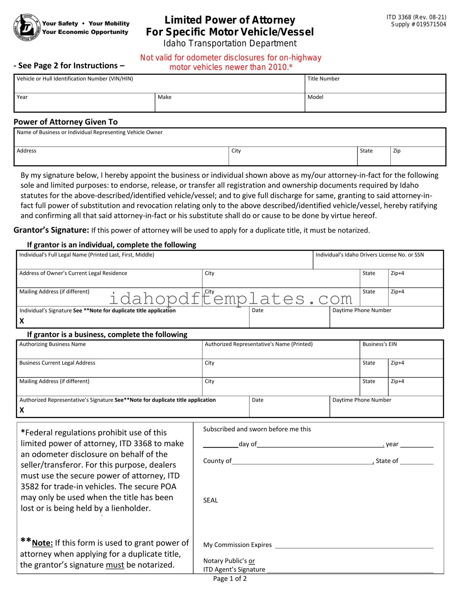 Free Idaho Itd Form
