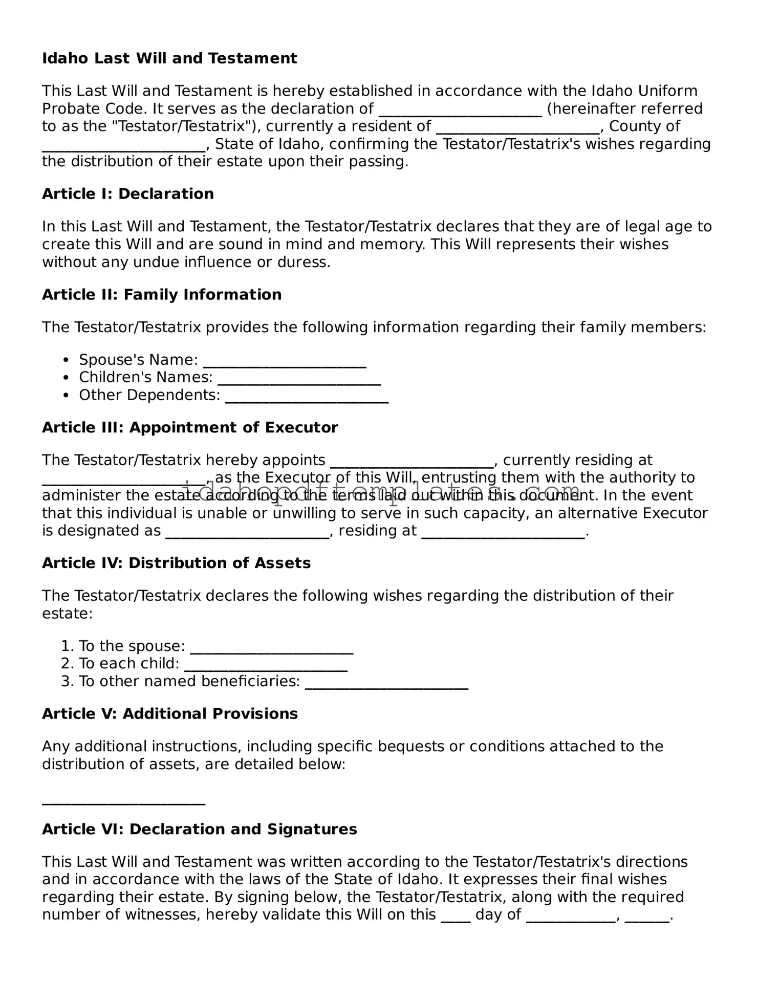 Attorney-Approved  Last Will and Testament Form for Idaho