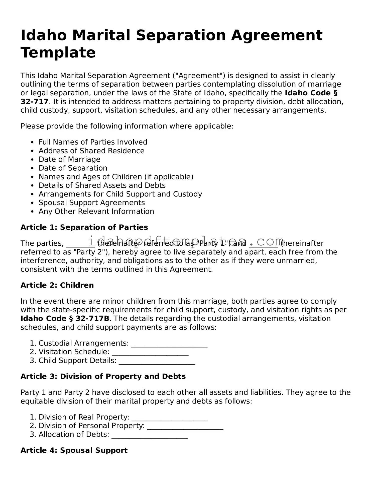 Attorney-Approved  Marital Separation Agreement Form for Idaho