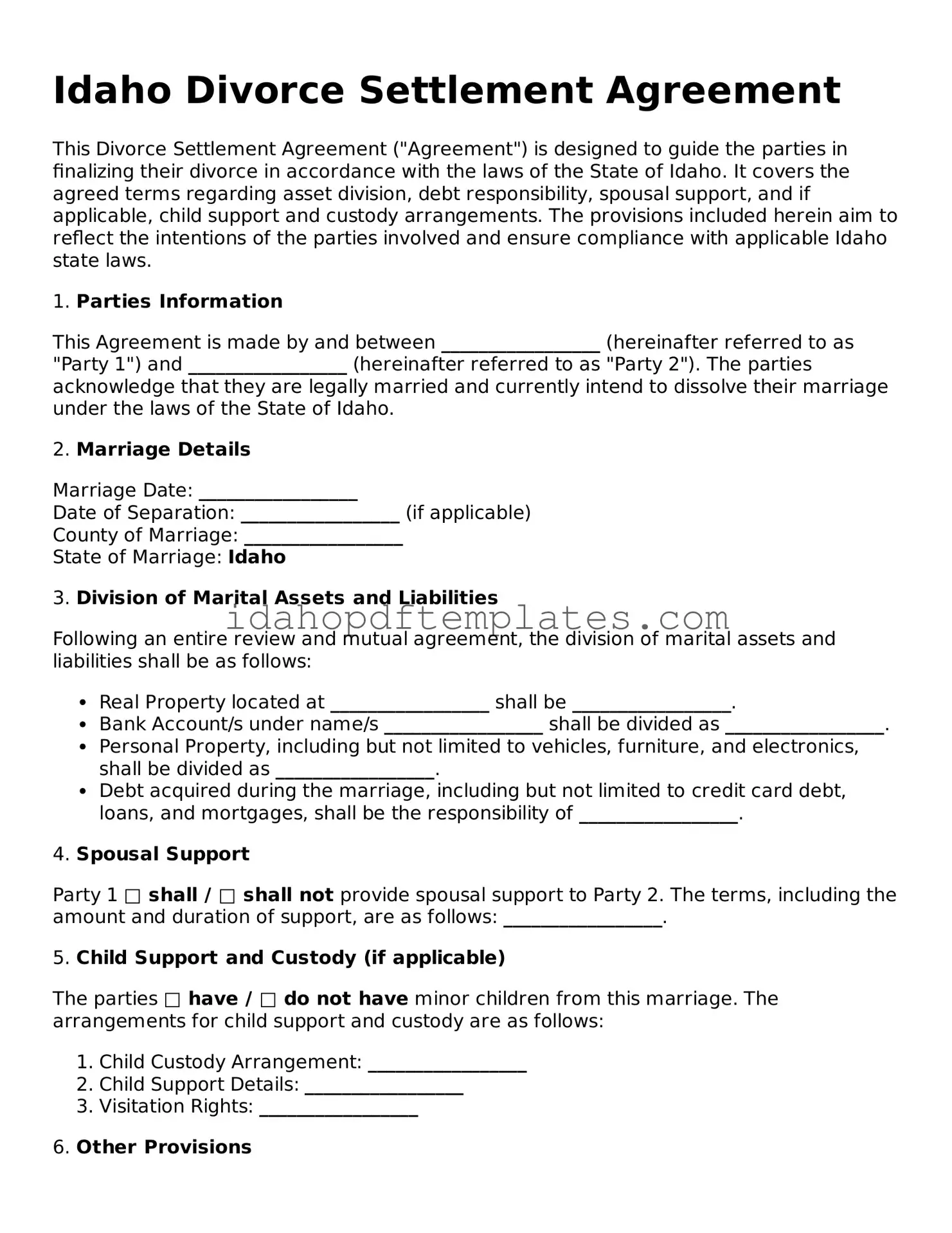 Attorney-Approved  Divorce Settlement Agreement Form for Idaho