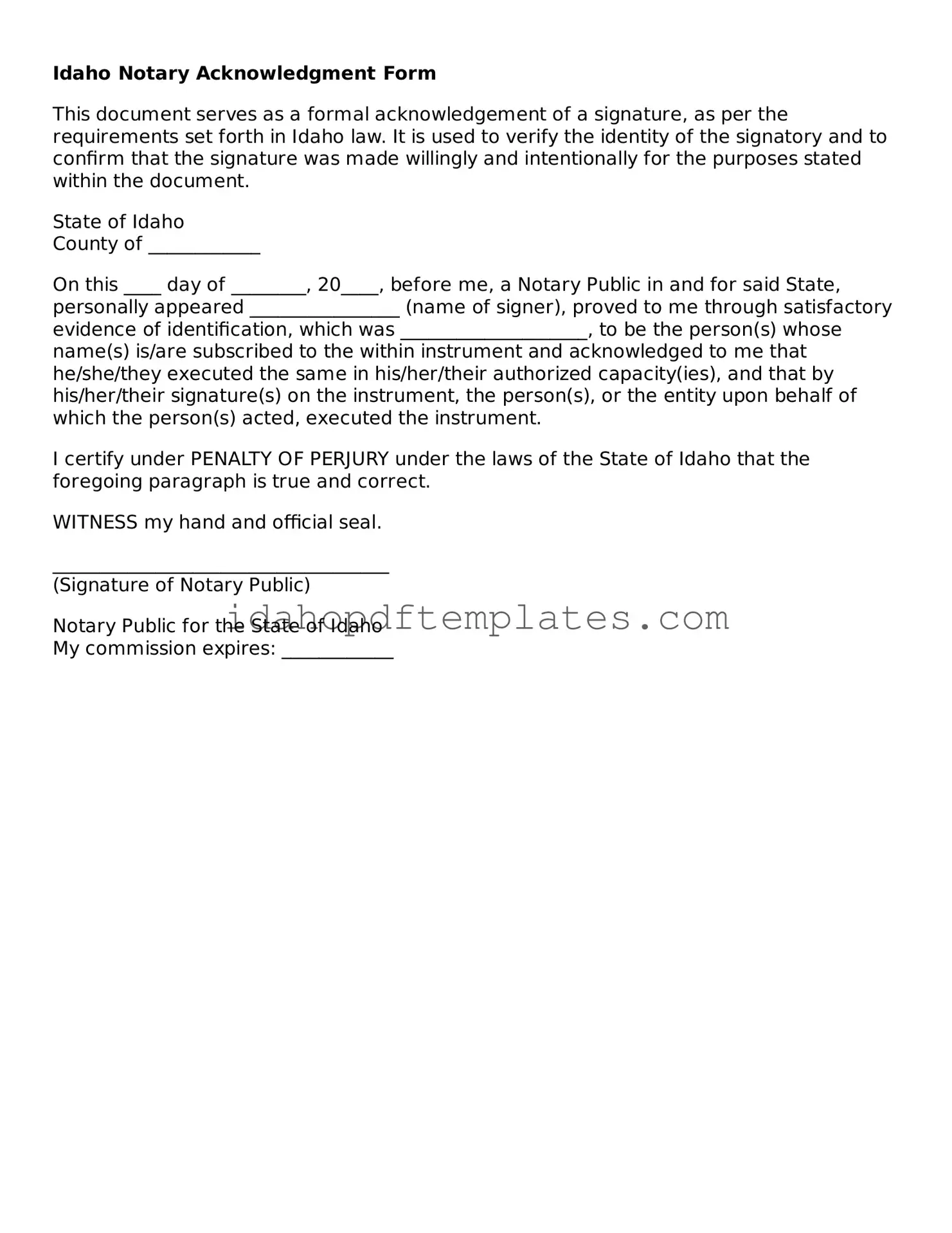 Attorney-Approved  Notary Acknowledgement Form for Idaho