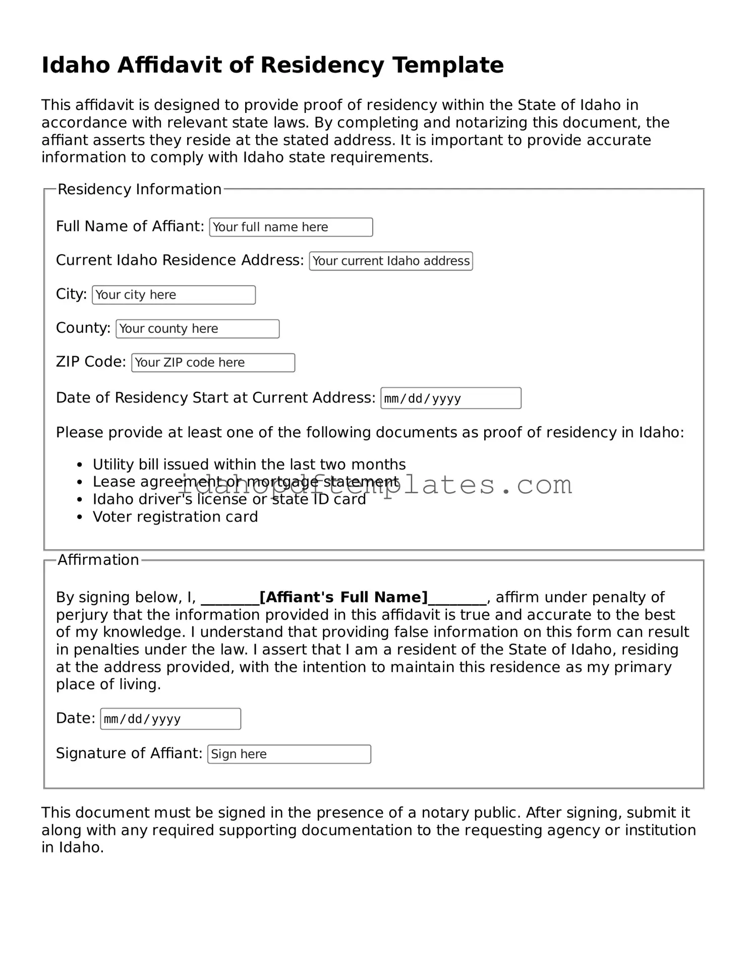 Attorney-Approved  Affidavit of Residency Form for Idaho
