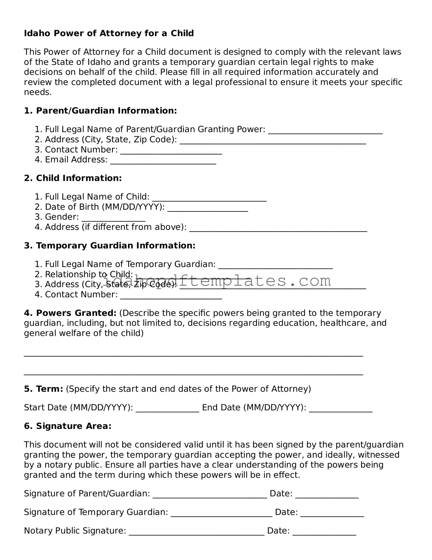 Attorney-Approved  Power of Attorney for a Child Form for Idaho