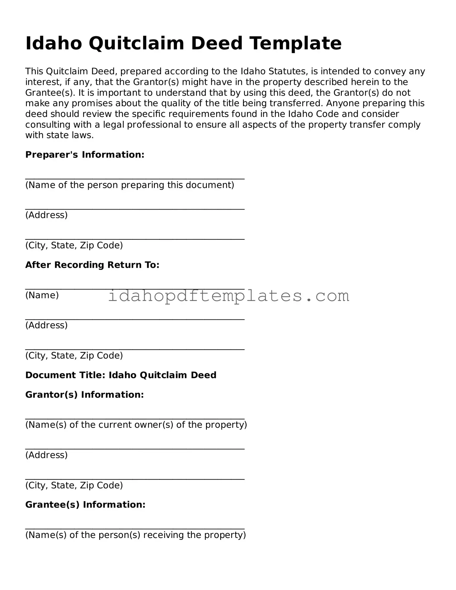 Attorney-Approved  Quitclaim Deed Form for Idaho