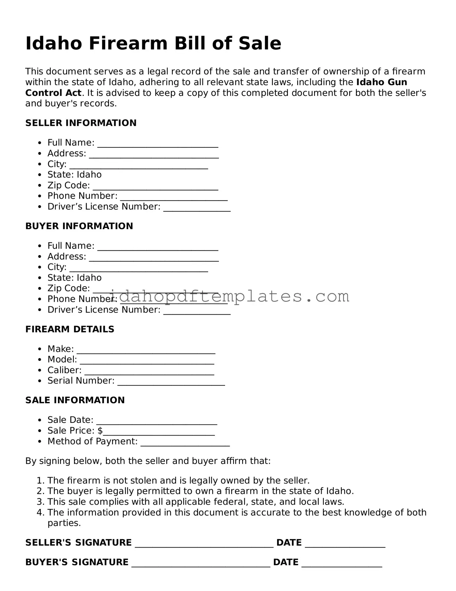 Attorney-Approved  Firearm Bill of Sale Form for Idaho