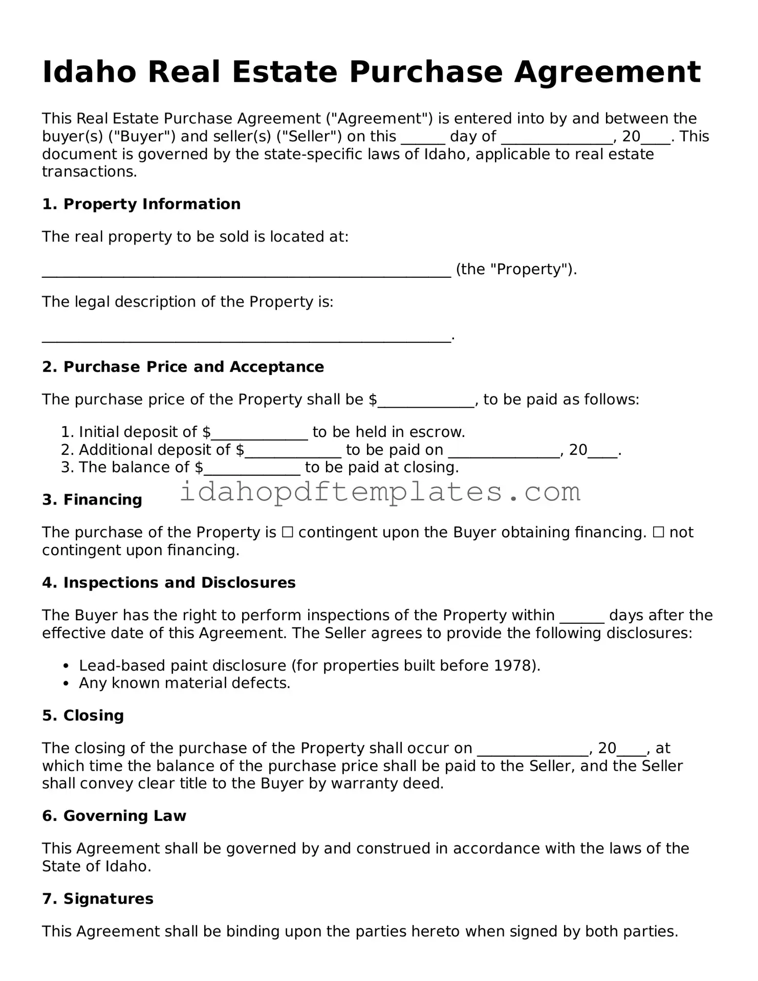 Attorney-Approved  Real Estate Purchase Agreement Form for Idaho