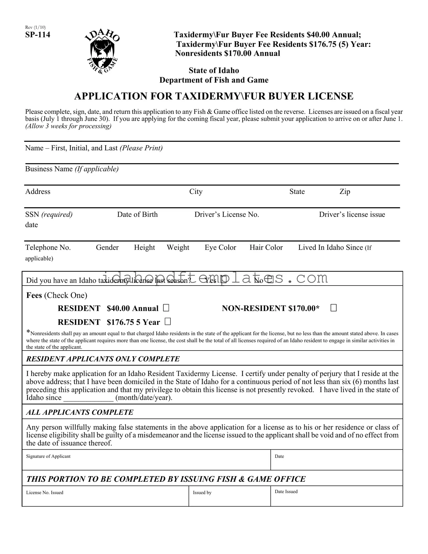 Free Idaho Sp 114 Form