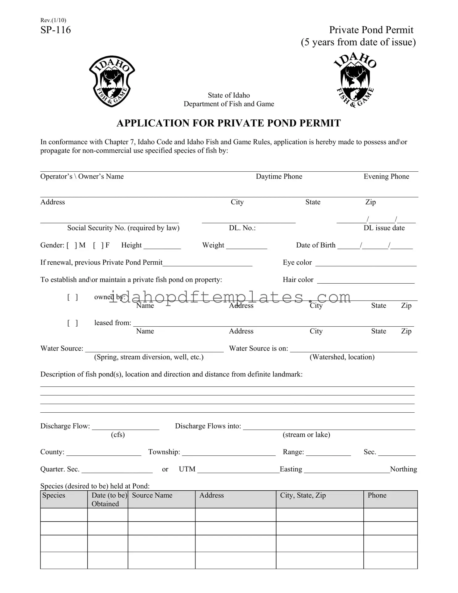 Free Idaho Sp 116 Form