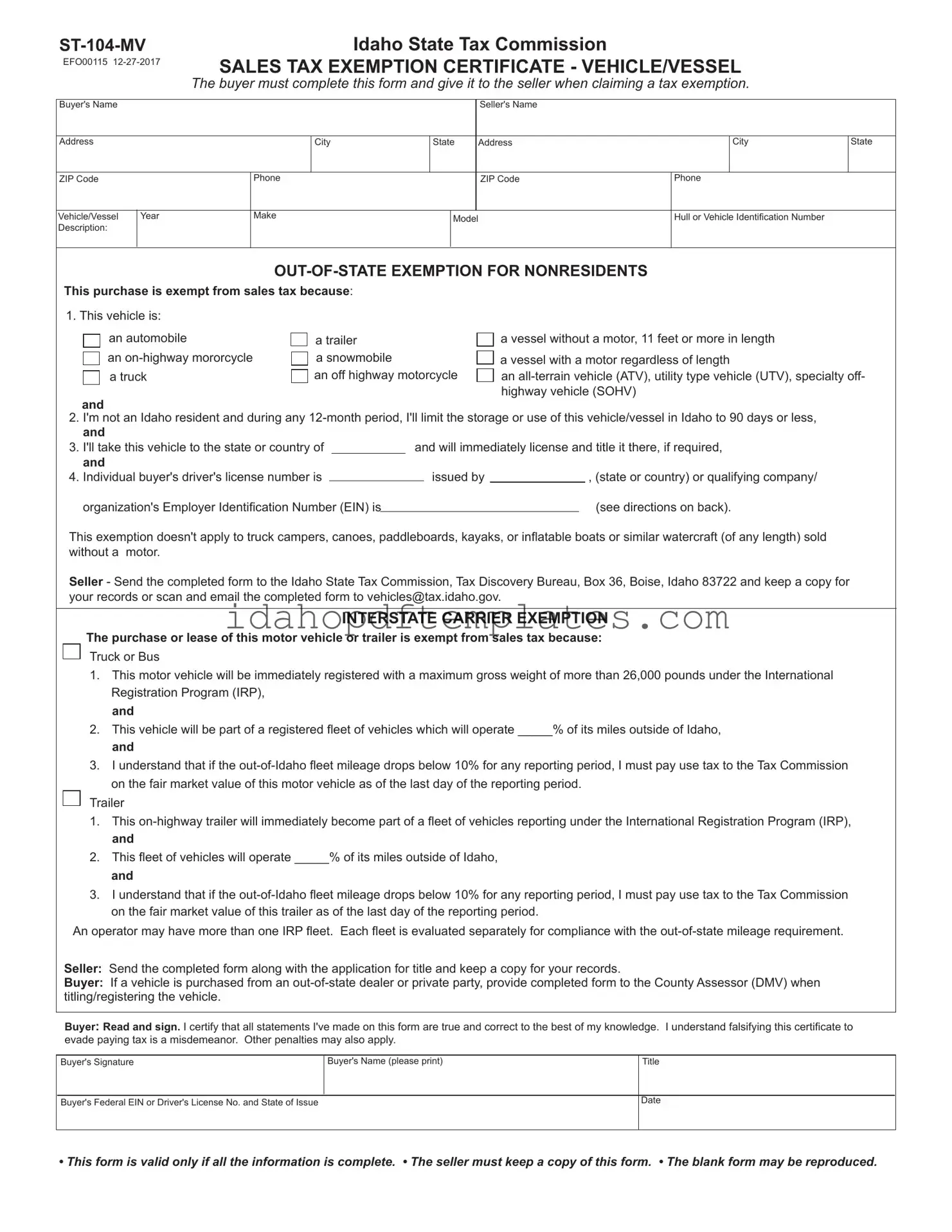 Free Idaho St 104 Mv Form