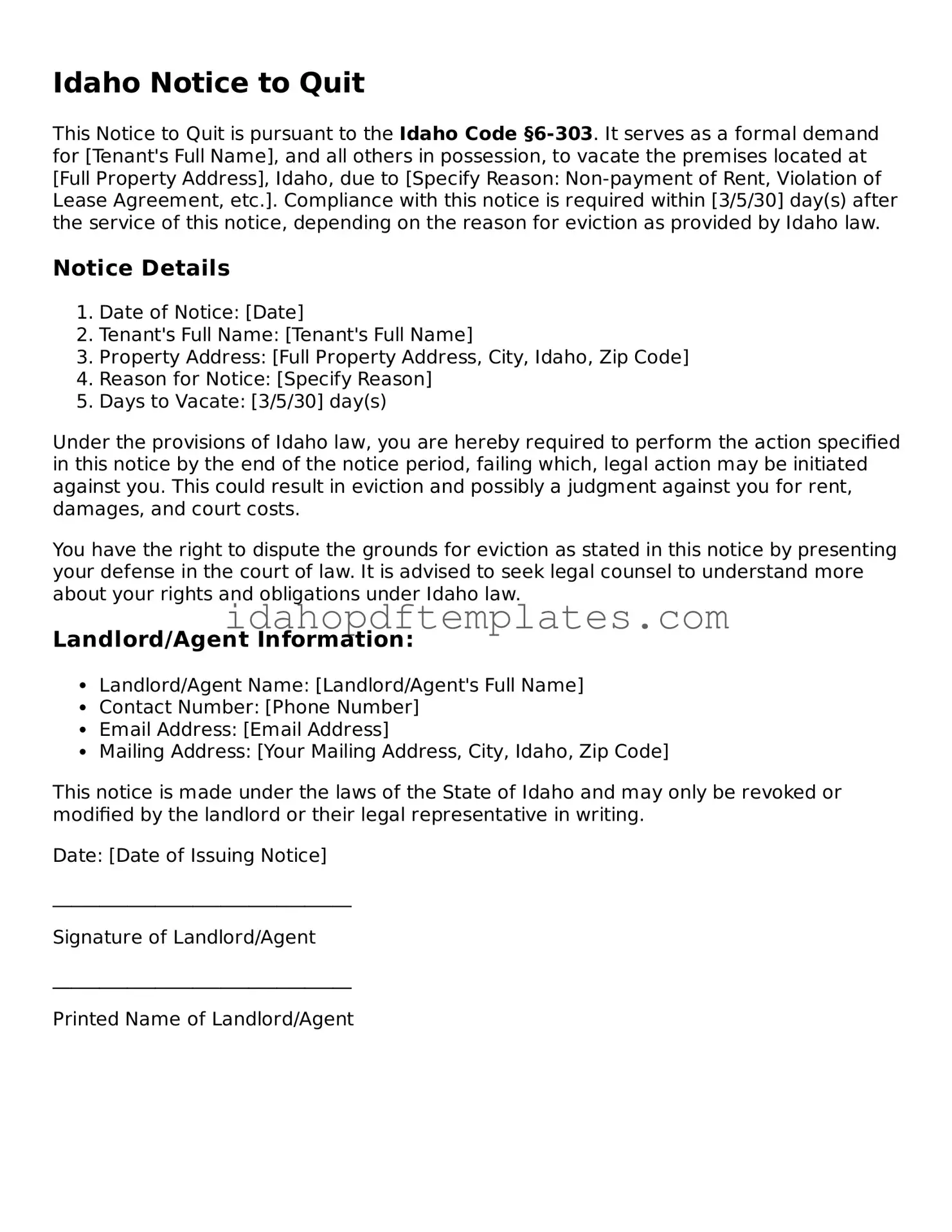 Attorney-Approved  Notice to Quit Form for Idaho