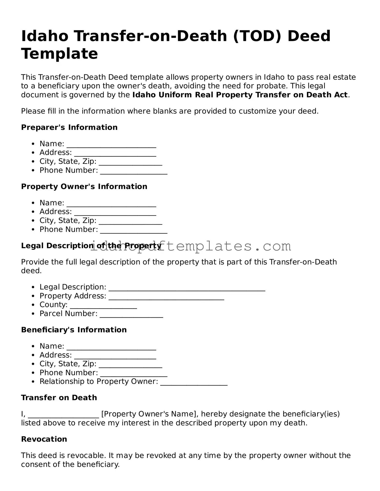 Attorney-Approved  Transfer-on-Death Deed Form for Idaho