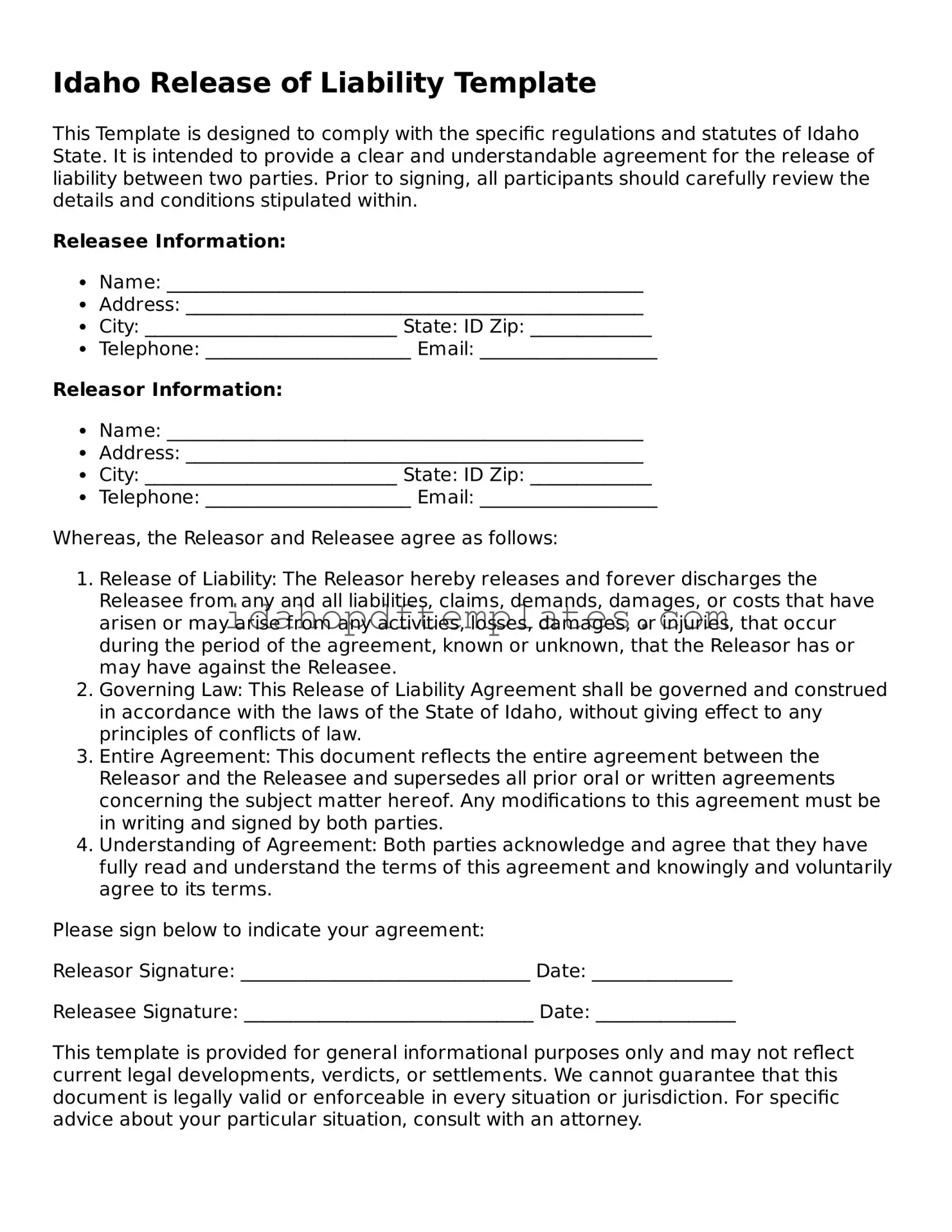 Attorney-Approved  Release of Liability Form for Idaho