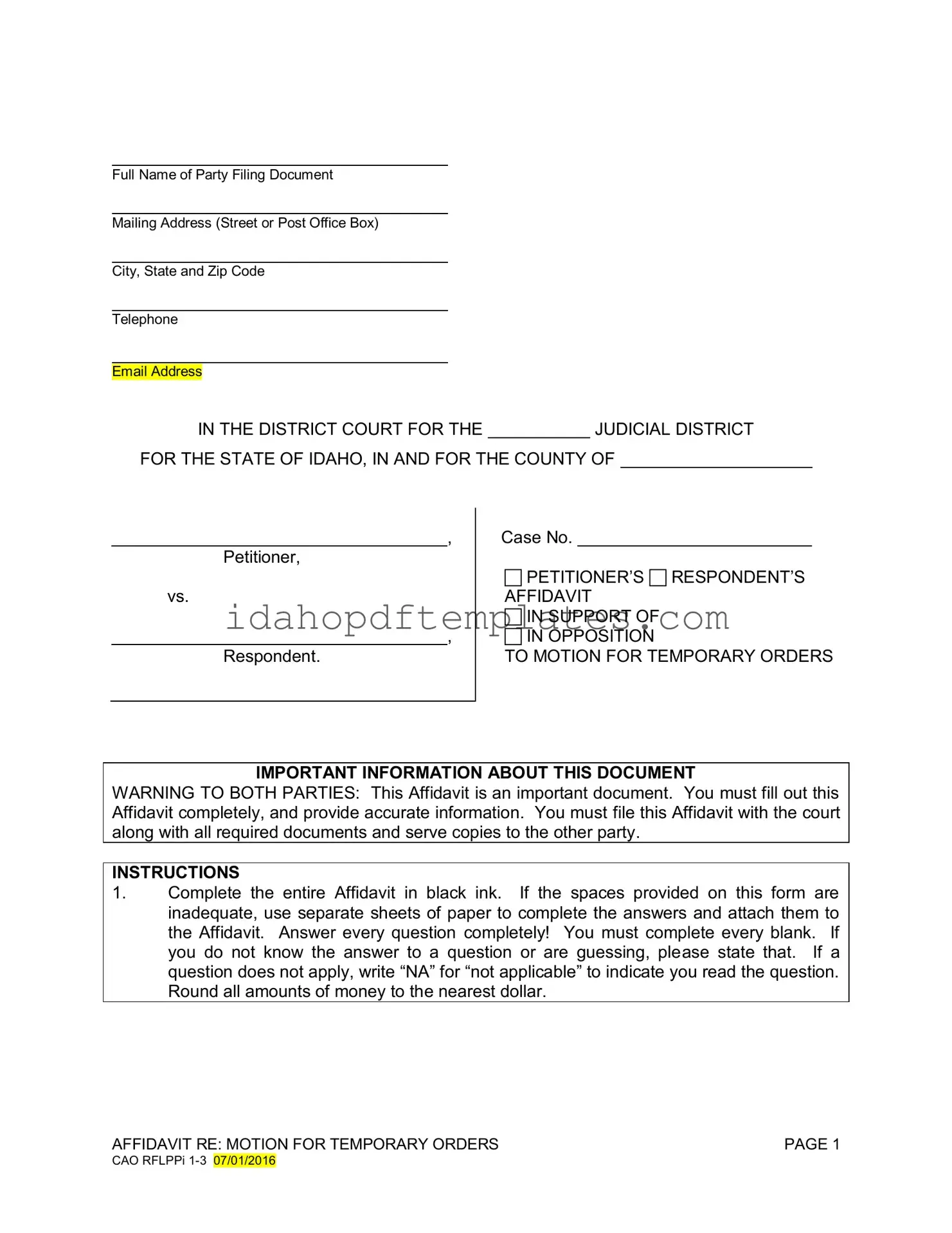 Free Motion For Temporary Orders Idaho Form
