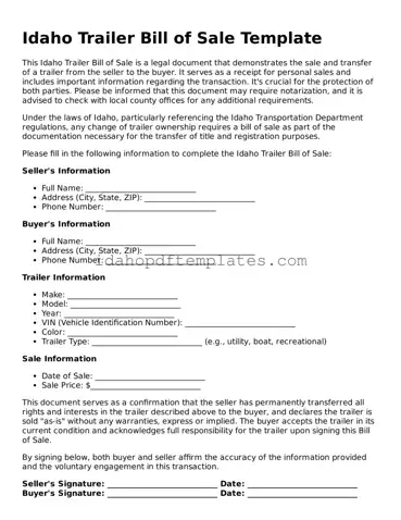 Attorney-Approved  Trailer Bill of Sale Form for Idaho