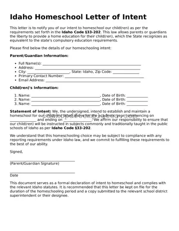 Attorney-Approved  Homeschool Letter of Intent Form for Idaho