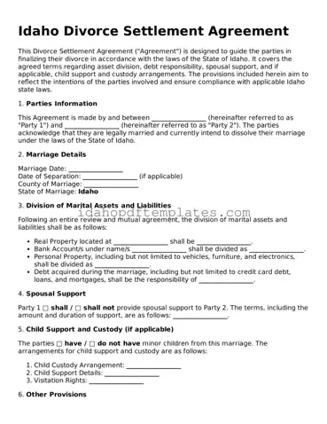 Attorney-Approved  Divorce Settlement Agreement Form for Idaho