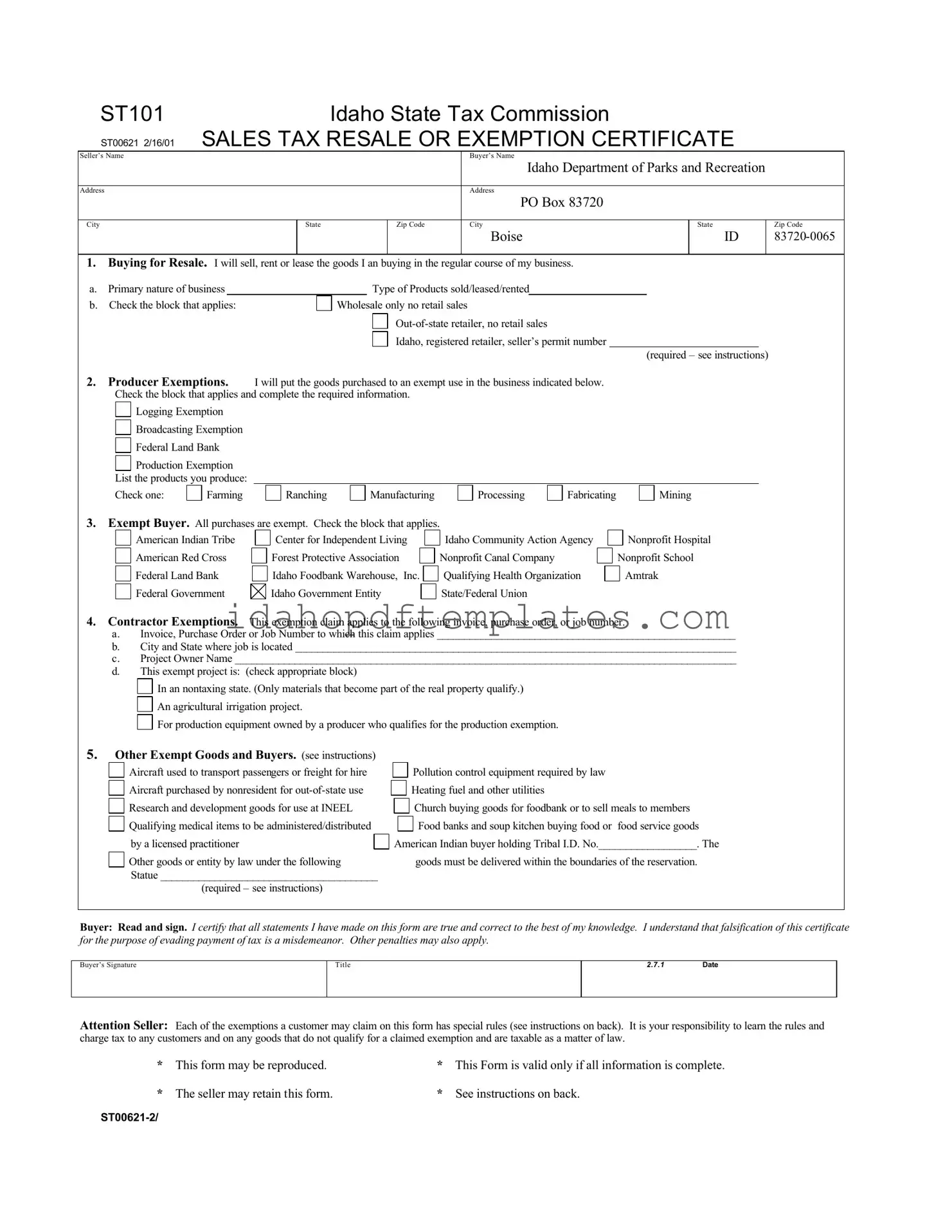 Free St 101 Idaho Form